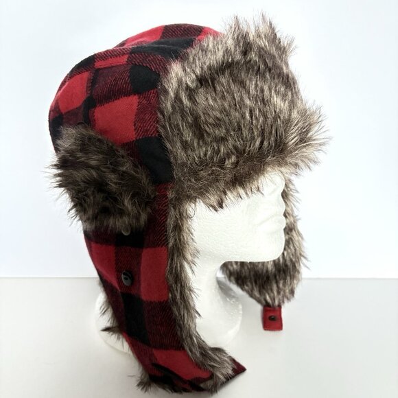 SWISS TECH Baltic Trapper Hat Winter Cap Red Buffalo Plaid Faux Sherpa Lined OS - Picture 1 of 8